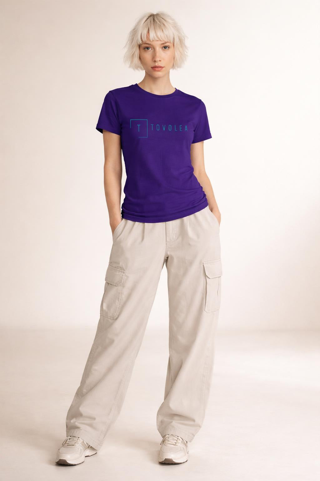 Full body view of the model wearing Tovolea Women's Purple Light T-Shirt