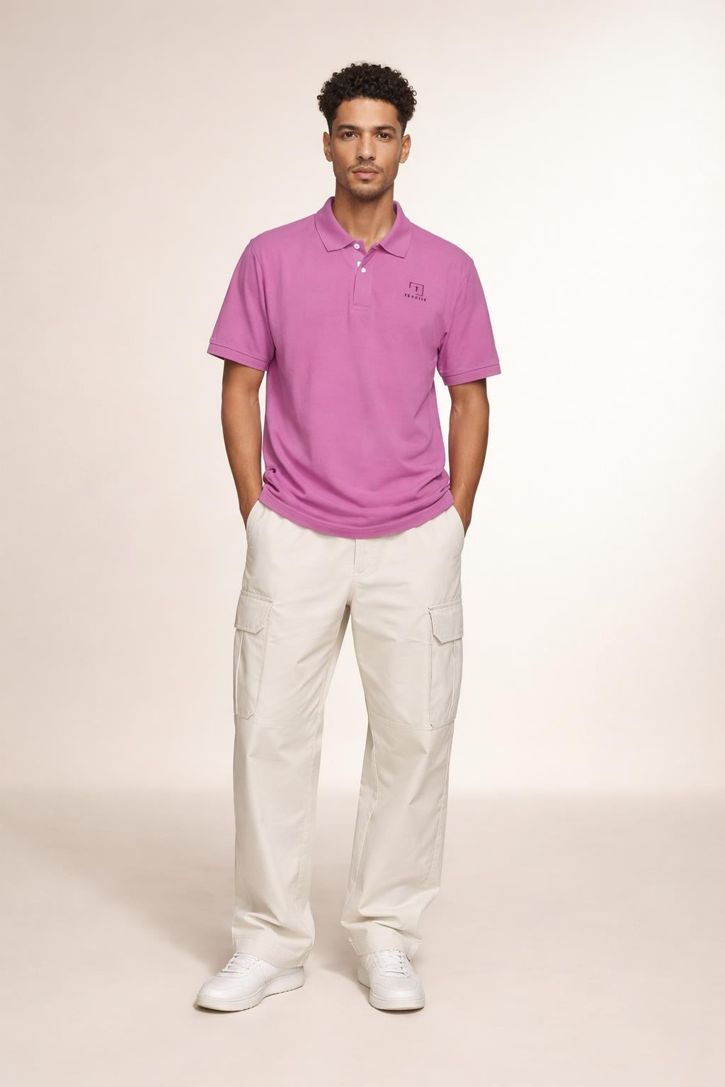 Full body view of the model wearing “Tovolea” Muave Polo Shirt