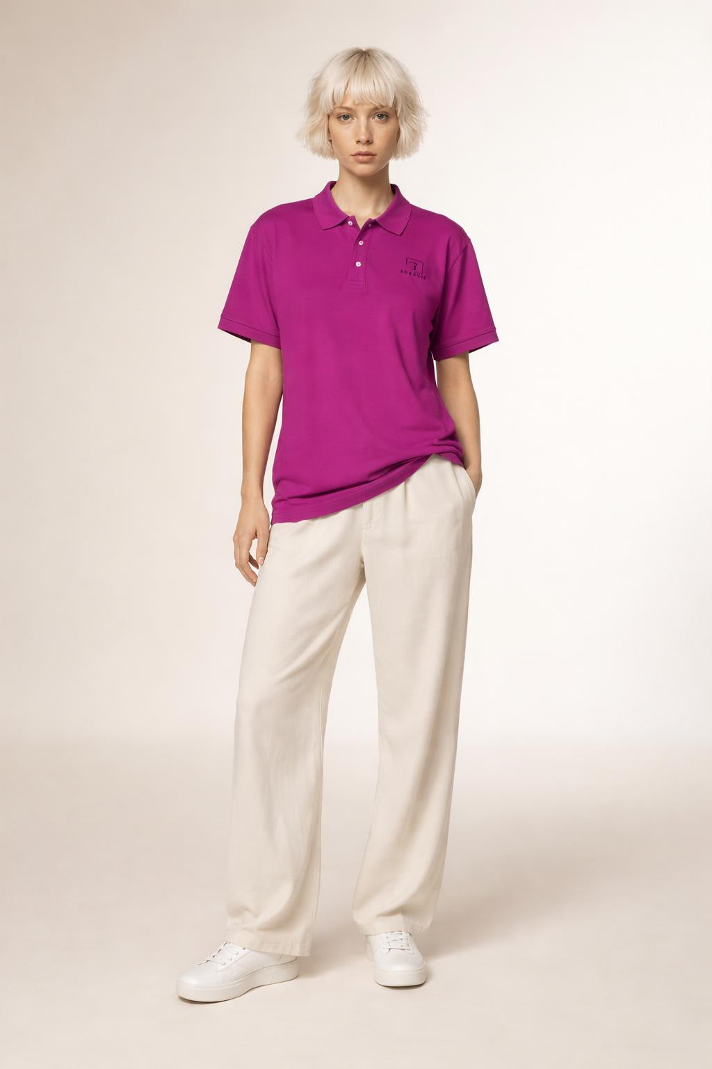 Full body view of the model wearing Tovolea Ladies Pink Polo Shirt