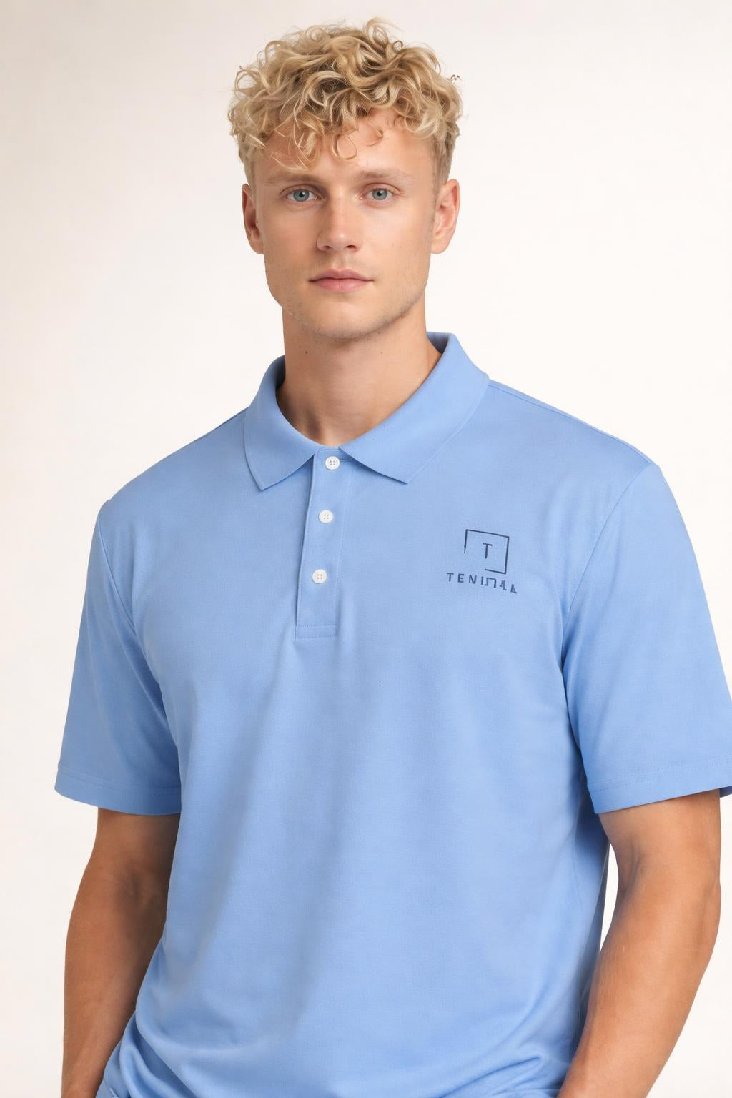 Close-up of the model wearing Tovolea Gents Light Blue Polo Shirt