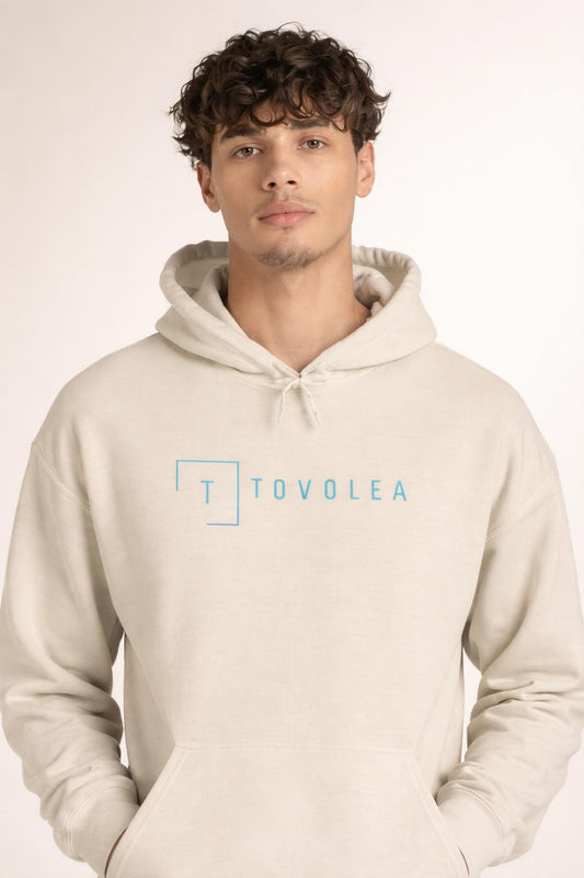 Close-up of the model wearing Tovolea Gents Ivory Lightweight Hoodie