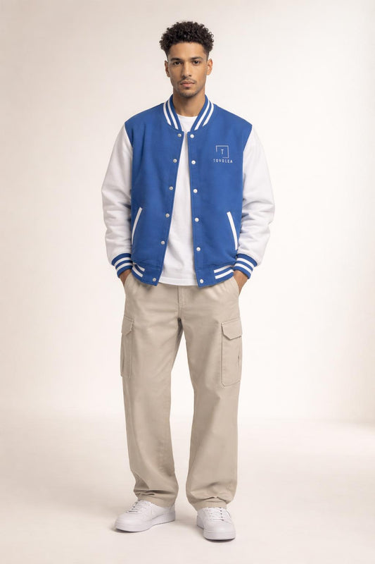 Full body view of the model wearing Tovolea Gents Classic Blue & White Letterman Jacket