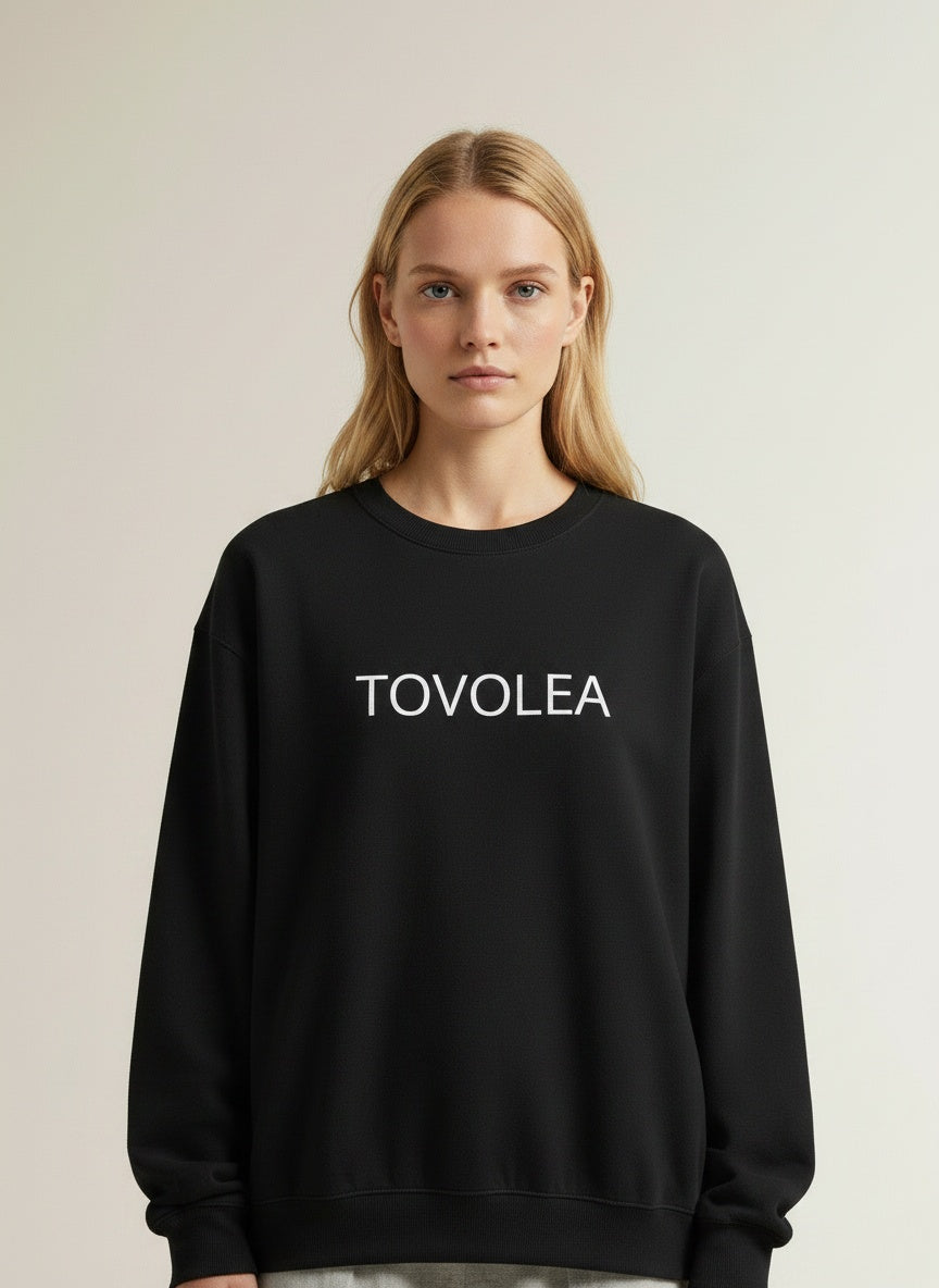 Close-up of the model wearing Midnight Crewneck Sweatshirt