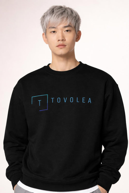 Close-up of the model wearing Tovolea Men’s Black Crewneck Sweatshirt