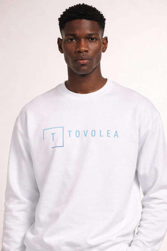 Close-up of the model wearing Tovolea Men’s White Crewneck Sweatshirt