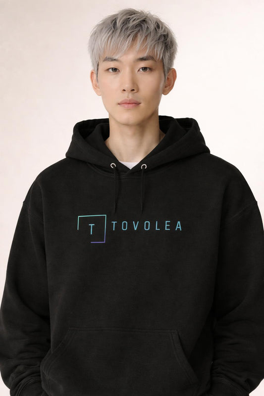 Close-up of the model wearing Tovolea Gents Black Lightweight Hoodie
