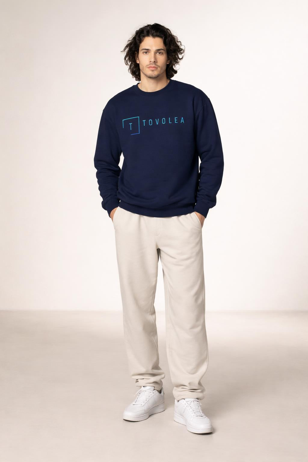 Full body view of the model wearing Tovolea Men’s Navy Blue Crewneck Sweatshirt