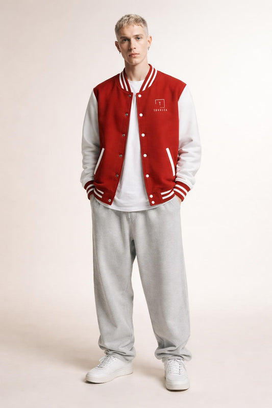 Full body view of the model wearing Tovolea Gents Classic Red & White Letterman Jacket