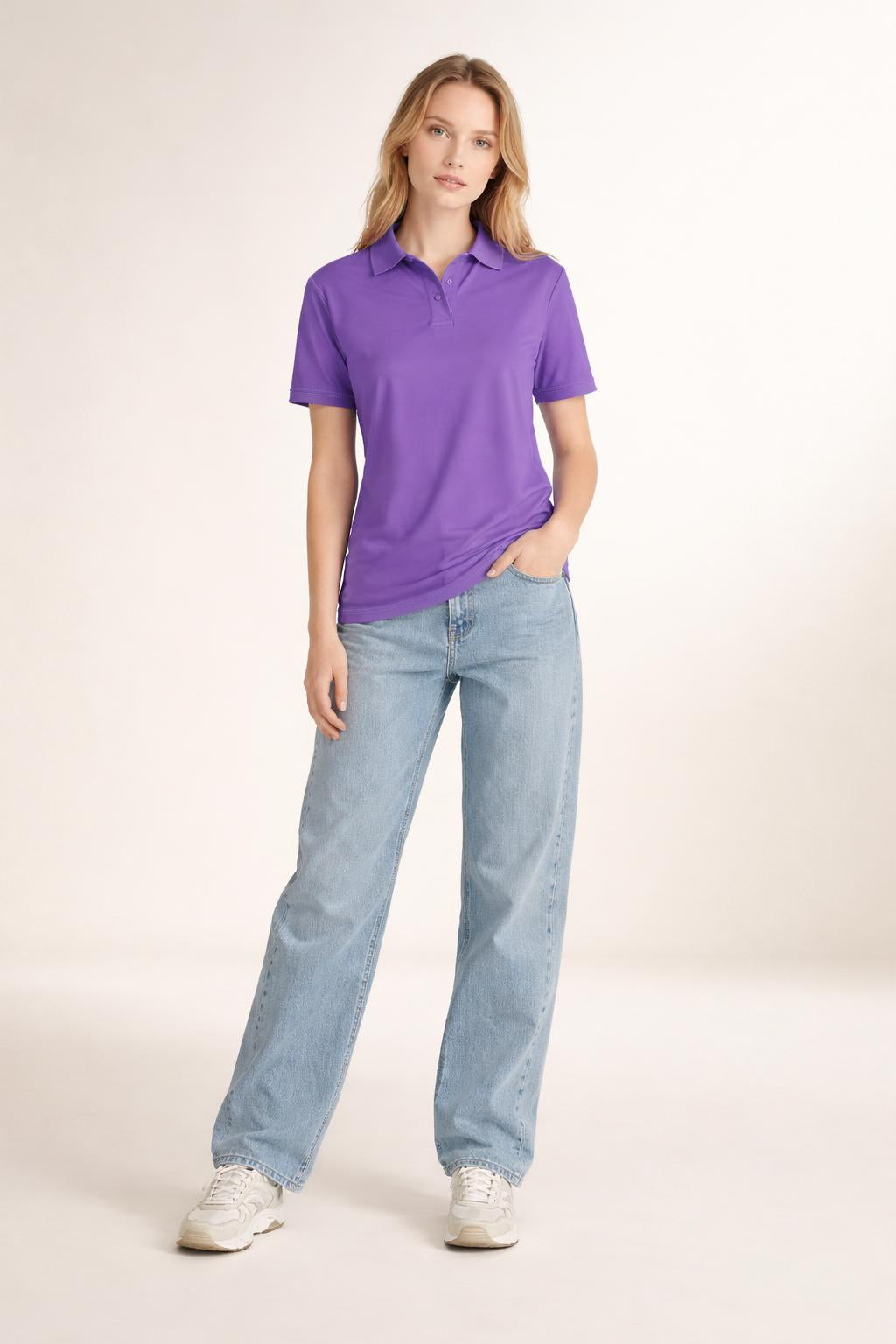Full body view of the model wearing Tovolea Ladies Light Purple Polo Shirt