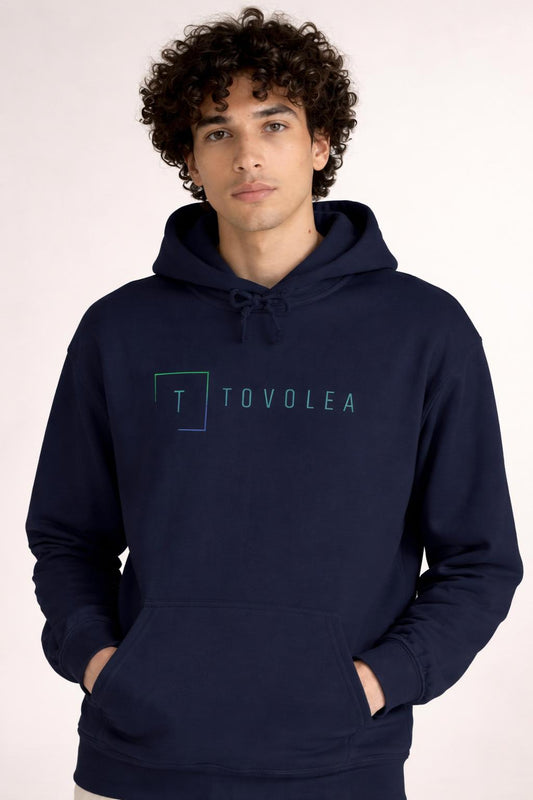 Close-up of the model wearing Tovolea Gents Navy Blue Lightweight Hoodie