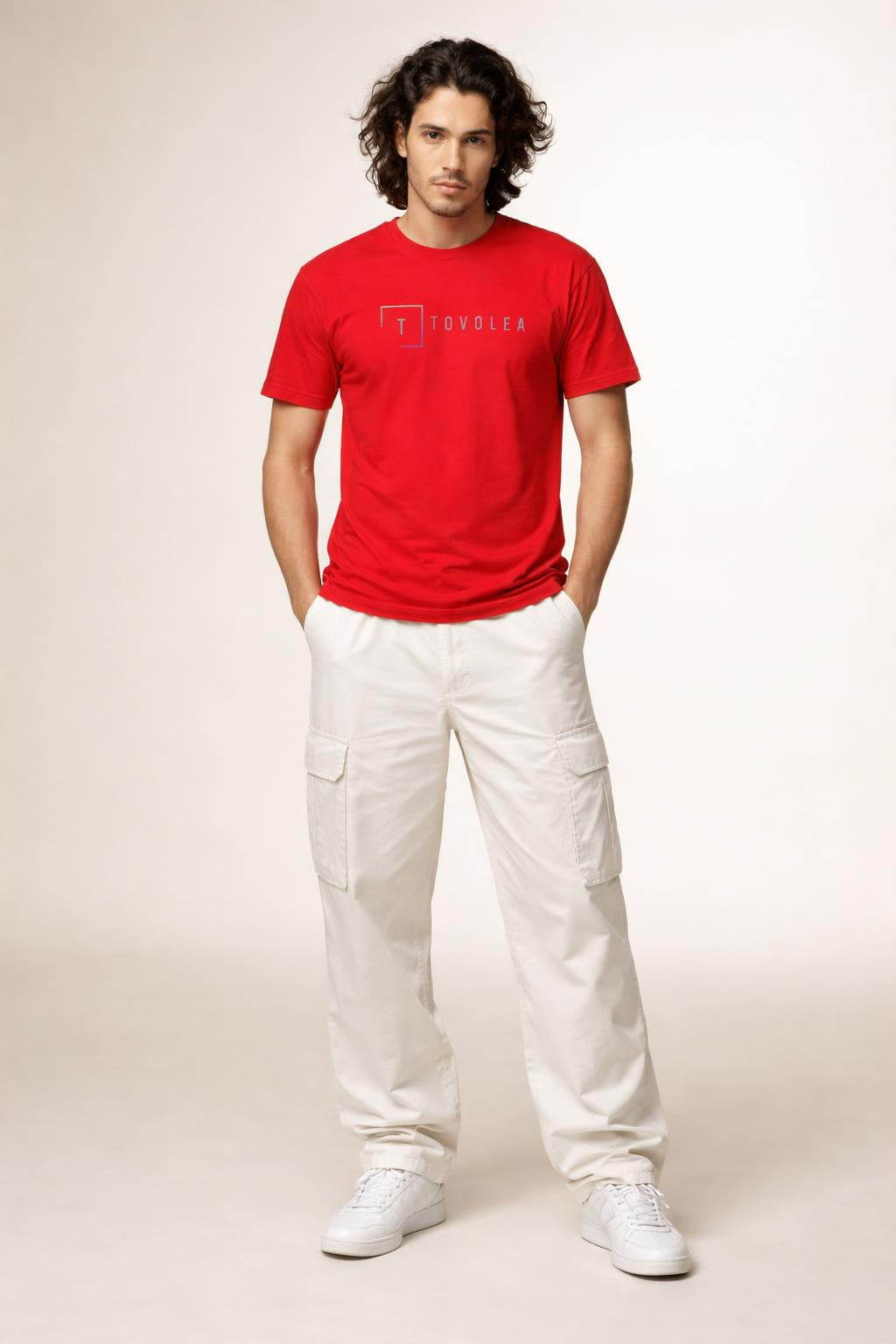 Full body view of the model wearing Tovolea Men’s Red Cotton Crewneck T-Shirt