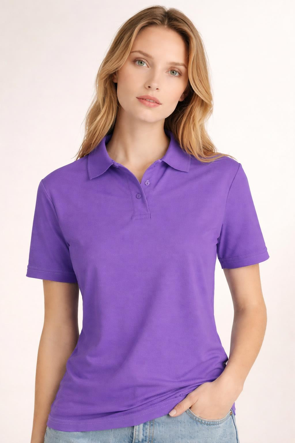 Close-up of the model wearing Tovolea Ladies Light Purple Polo Shirt