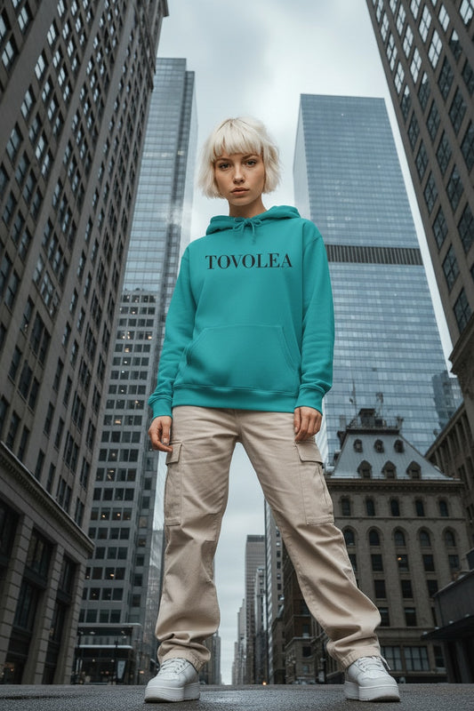 Full body view of the model wearing Tovolea Seafoam Cozy Pullover