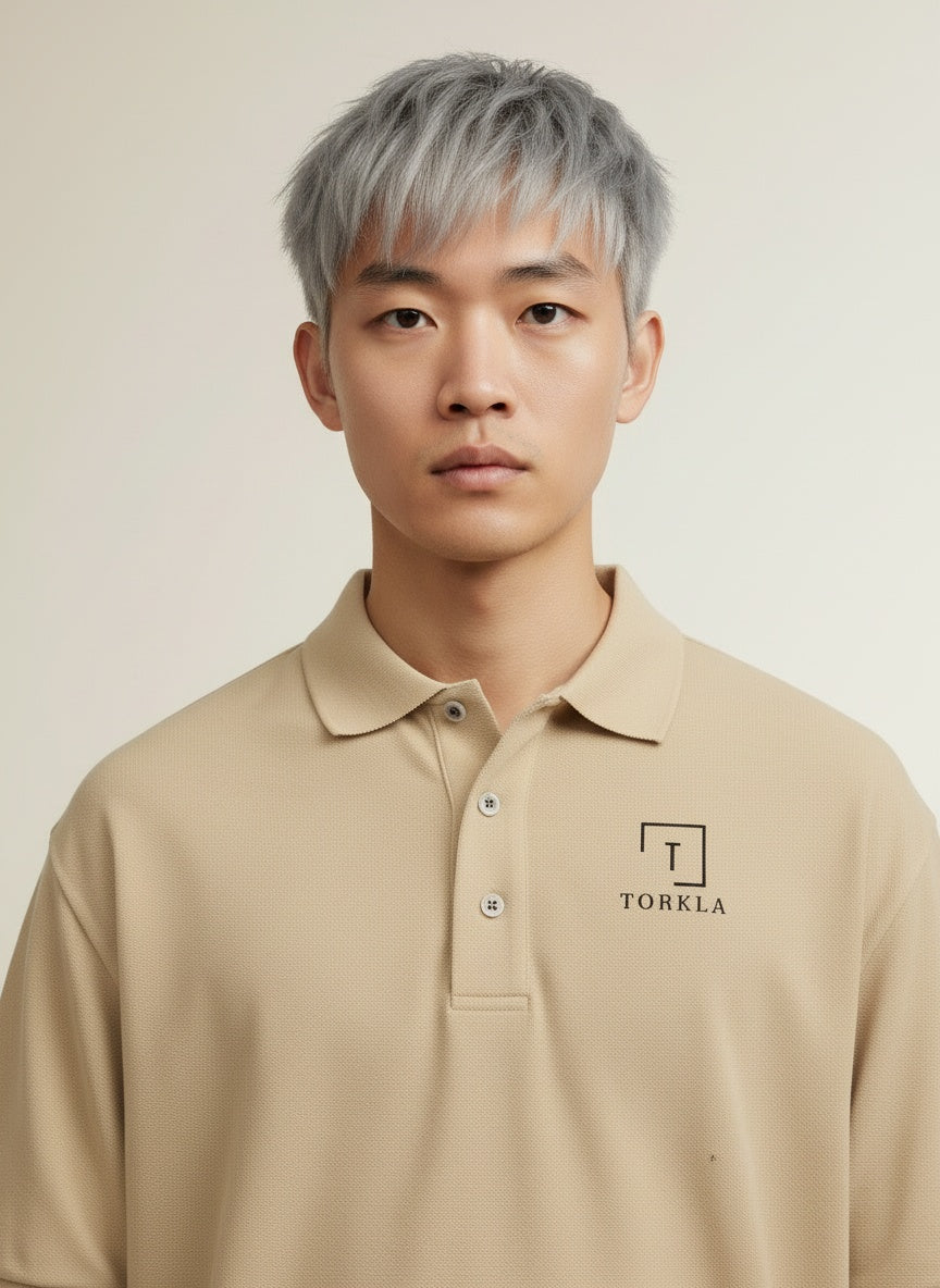 Close-up of the model wearing Tovolea Gents Beige Polo Shirt