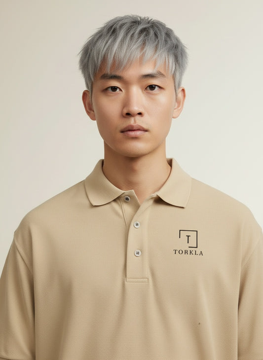 Close-up of the model wearing Tovolea Gents Beige Polo Shirt