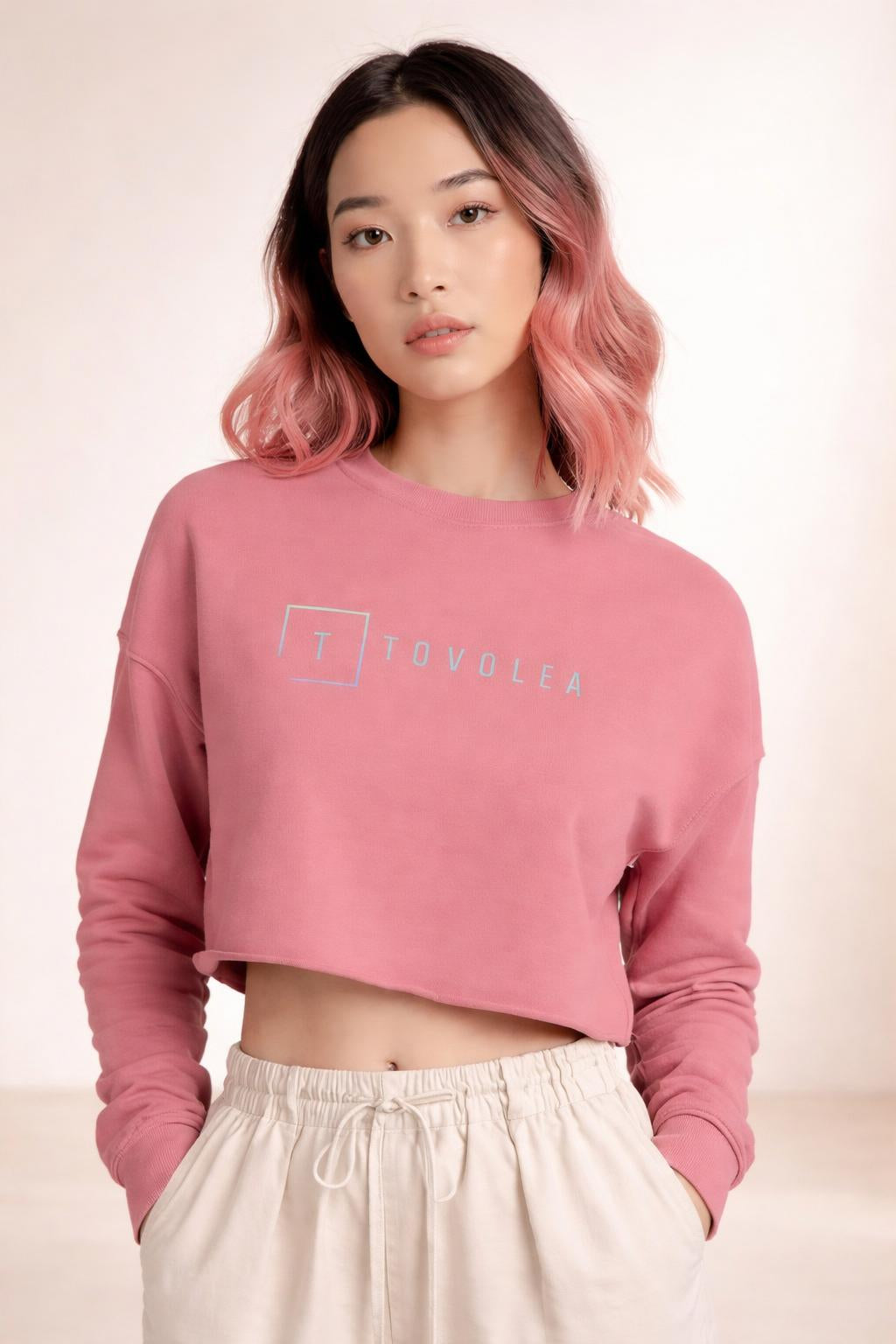 Close-up of the model wearing Tovolea Muave Cropped Sweatshirt