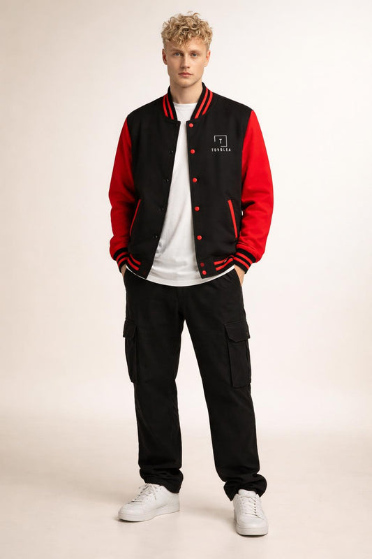 Full body view of the model wearing Tovolea Gents Classic Black & Red Letterman Jacket