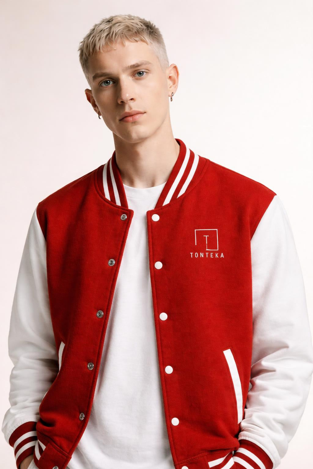 Close-up of the model wearing Tovolea Gents Classic Red & White Letterman Jacket