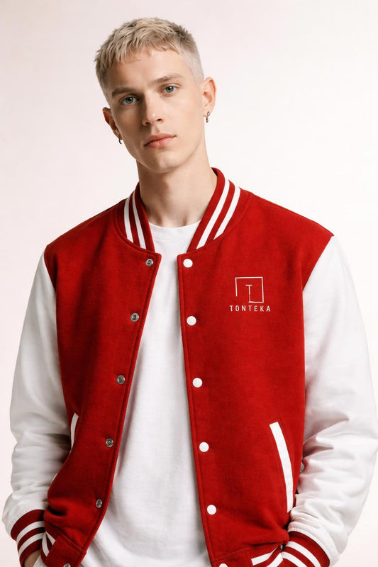 Close-up of the model wearing Tovolea Gents Classic Red & White Letterman Jacket