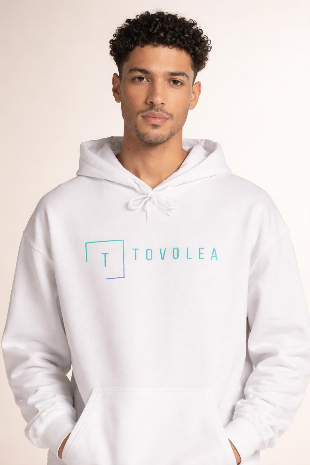Close-up of the model wearing Tovolea Gents White Lightweight Hoodie