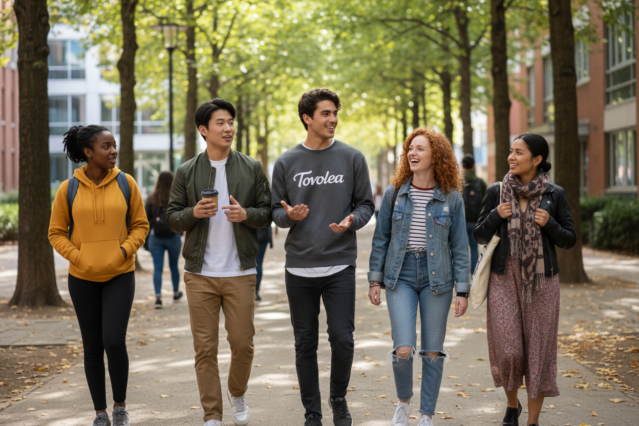 A diverse group of attractive young adults, 1 male is wearing a Tovolea sweatshirt, everyone is wearing everyday wear, walking and discussing something interesting 