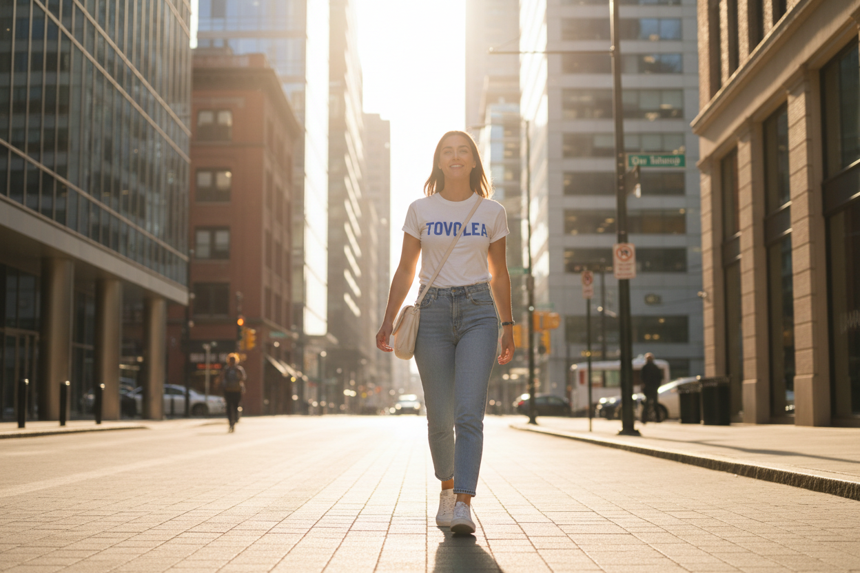 An attractive young adult woman, walking to work wearing everyday wear, “Tovolea” t-shirt, sunshine in the background in a urban city landscape 