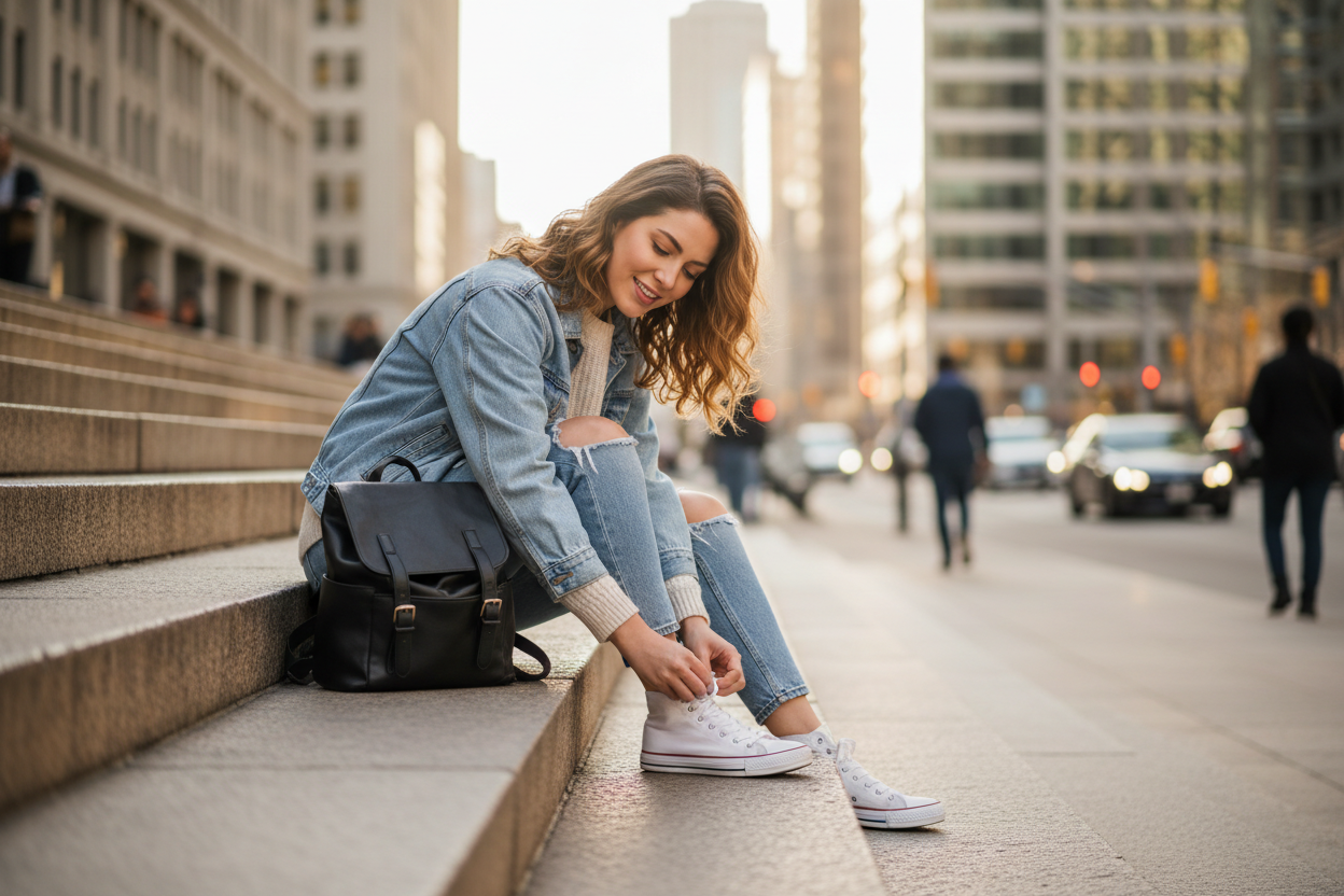 An attractive young woman sitting on city steps in everyday wear, tying her shoe laces 