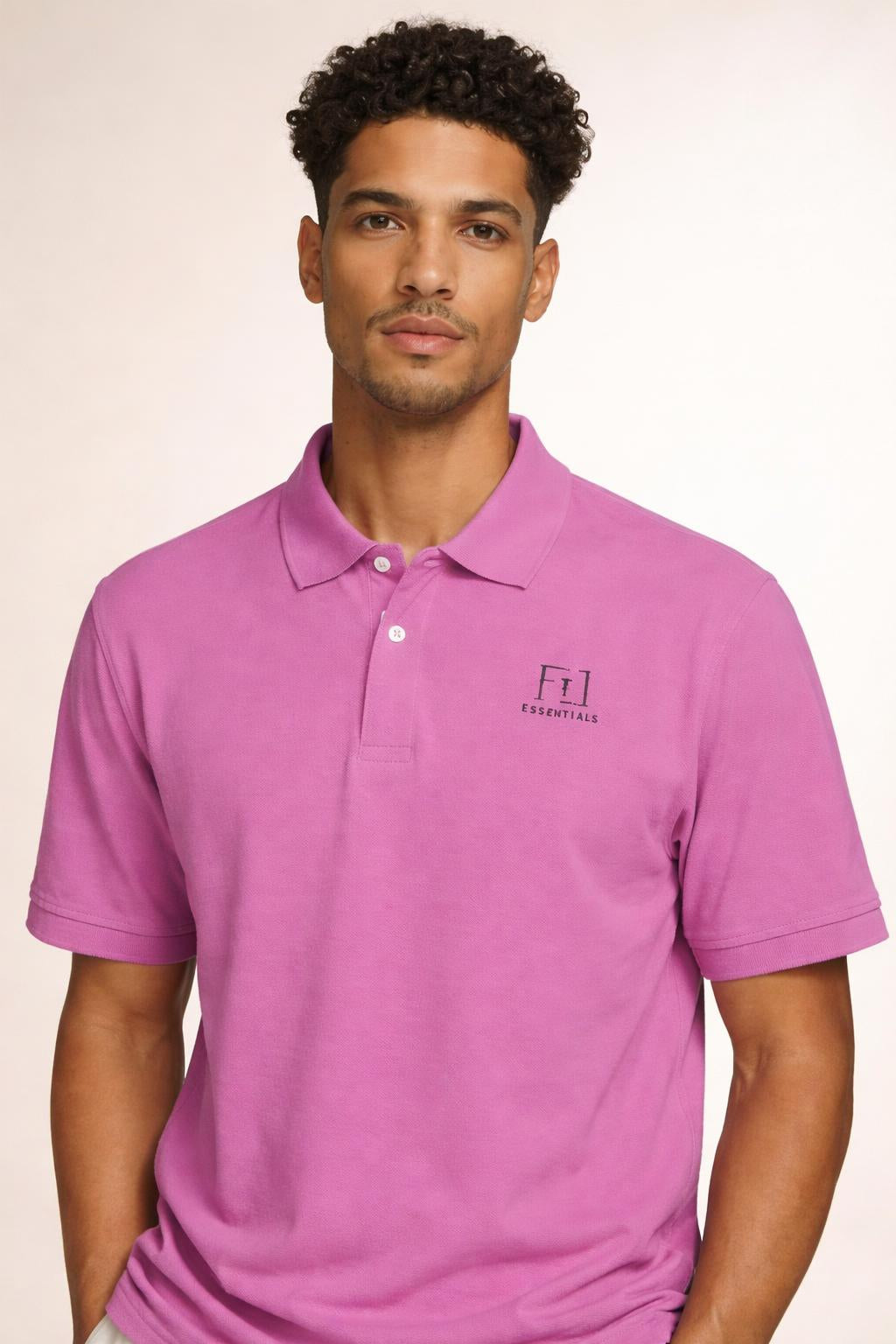 Close-up of the model wearing “Tovolea” Muave Polo Shirt