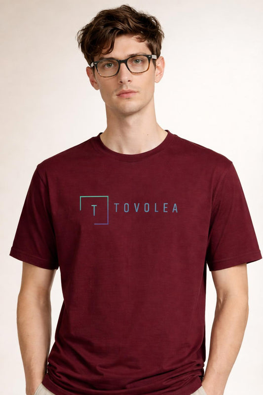 Close-up of the model wearing Tovolea Men’s Maroon Cotton Crewneck T-Shirt