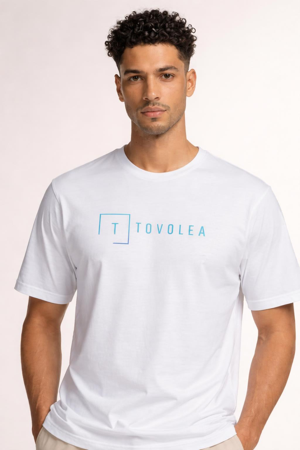 Close-up of the model wearing Tovolea Men’s White Cotton Crewneck T-Shirt