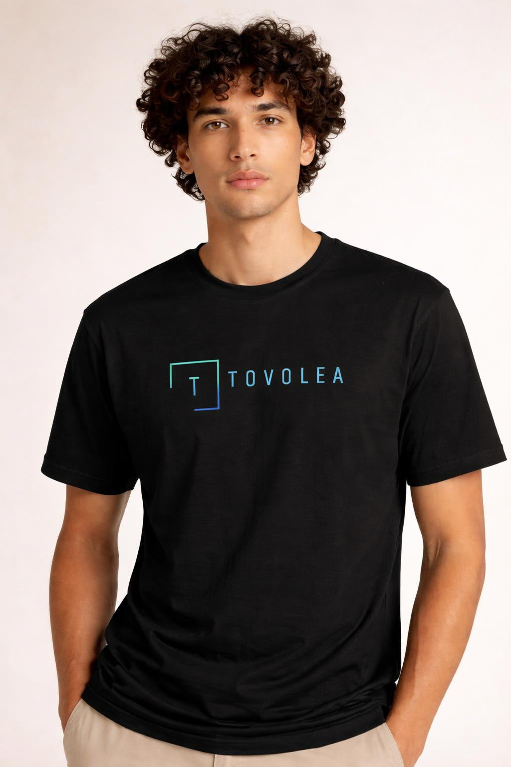 Close-up of the model wearing Tovolea Men’s Black Cotton Crewneck T-Shirt