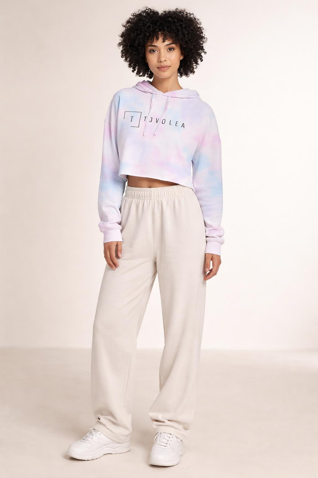 Full body view of the model wearing Tovolea Women’s Cotton Candy Cropped Hooded Sweatshirt