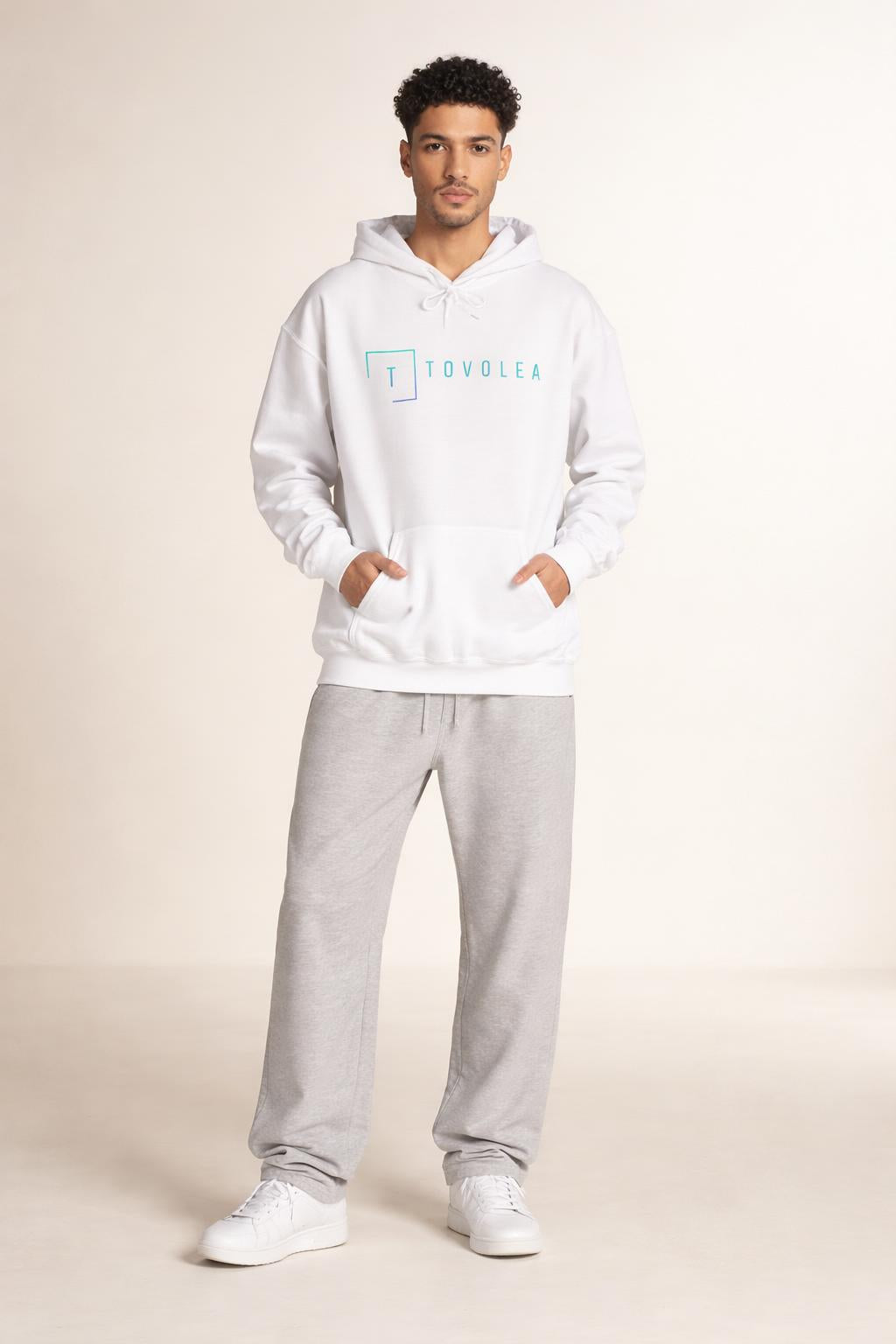 Full body view of the model wearing Tovolea Gents White Lightweight Hoodie