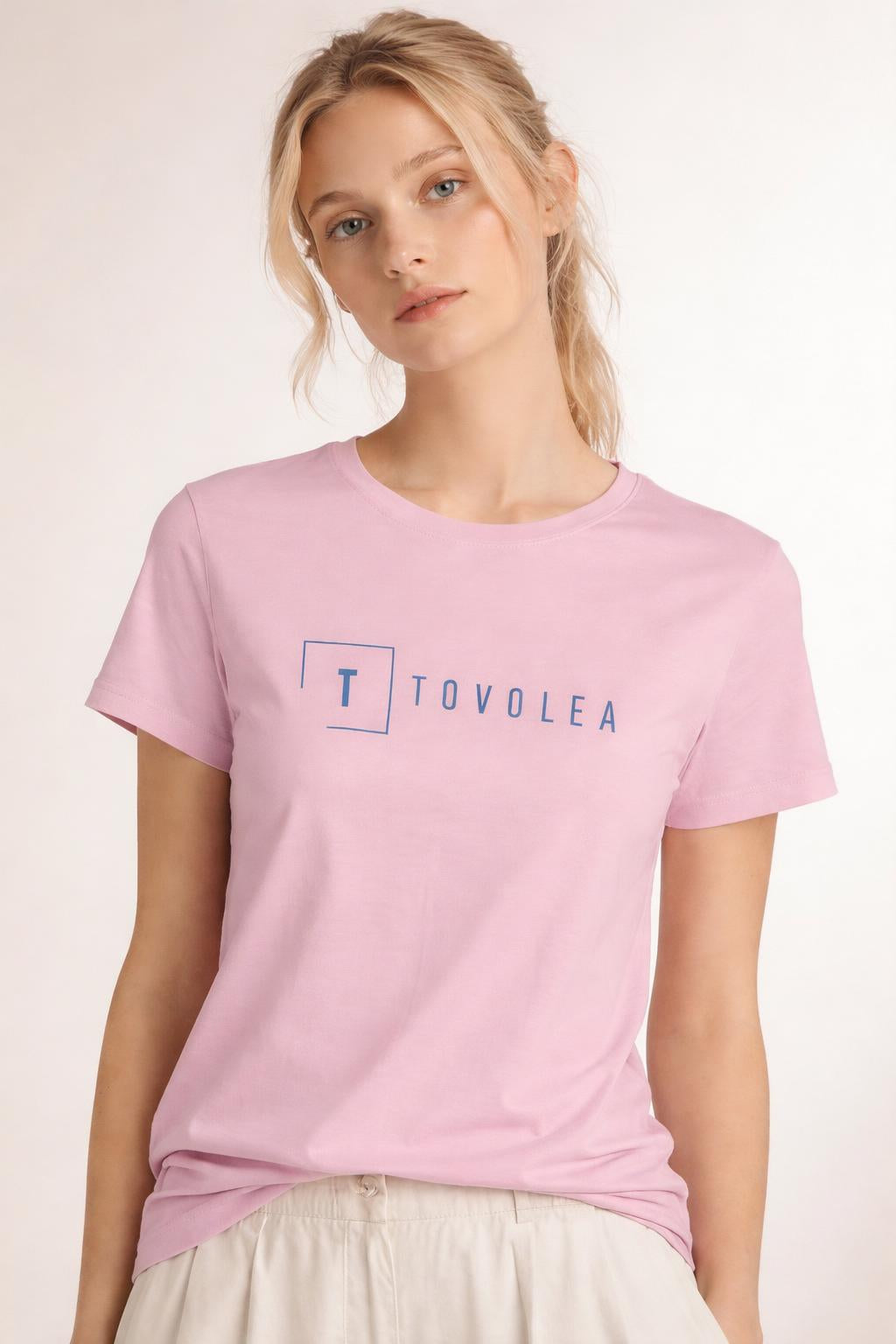 Close-up of the model wearing Tovolea Women's Pink Light T-Shirt