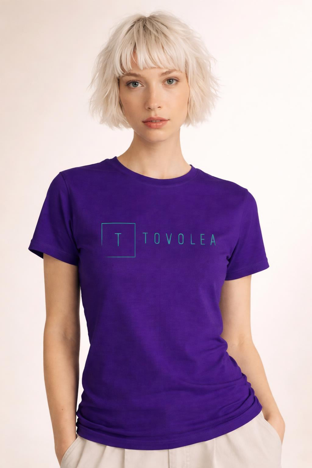 Close-up of the model wearing Tovolea Women's Purple Light T-Shirt