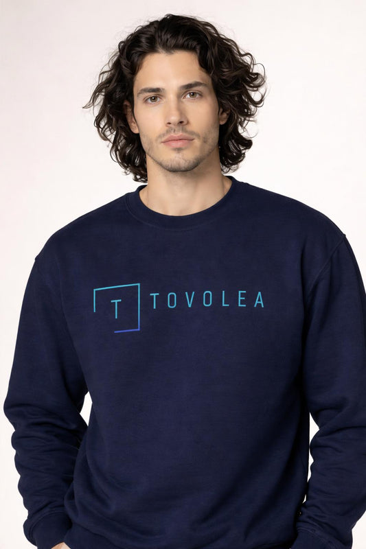 Close-up of the model wearing Tovolea Men’s Navy Blue Crewneck Sweatshirt