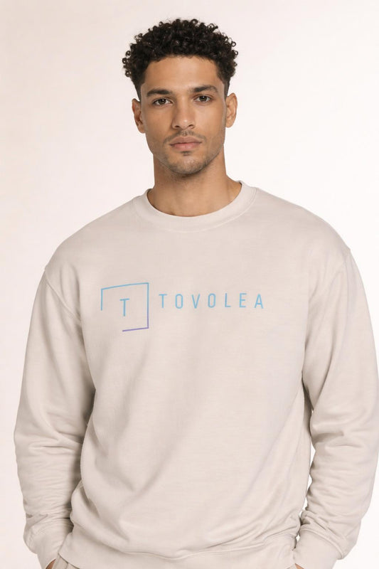 Close-up of the model wearing Tovolea Men’s Sand Crewneck Sweatshirt