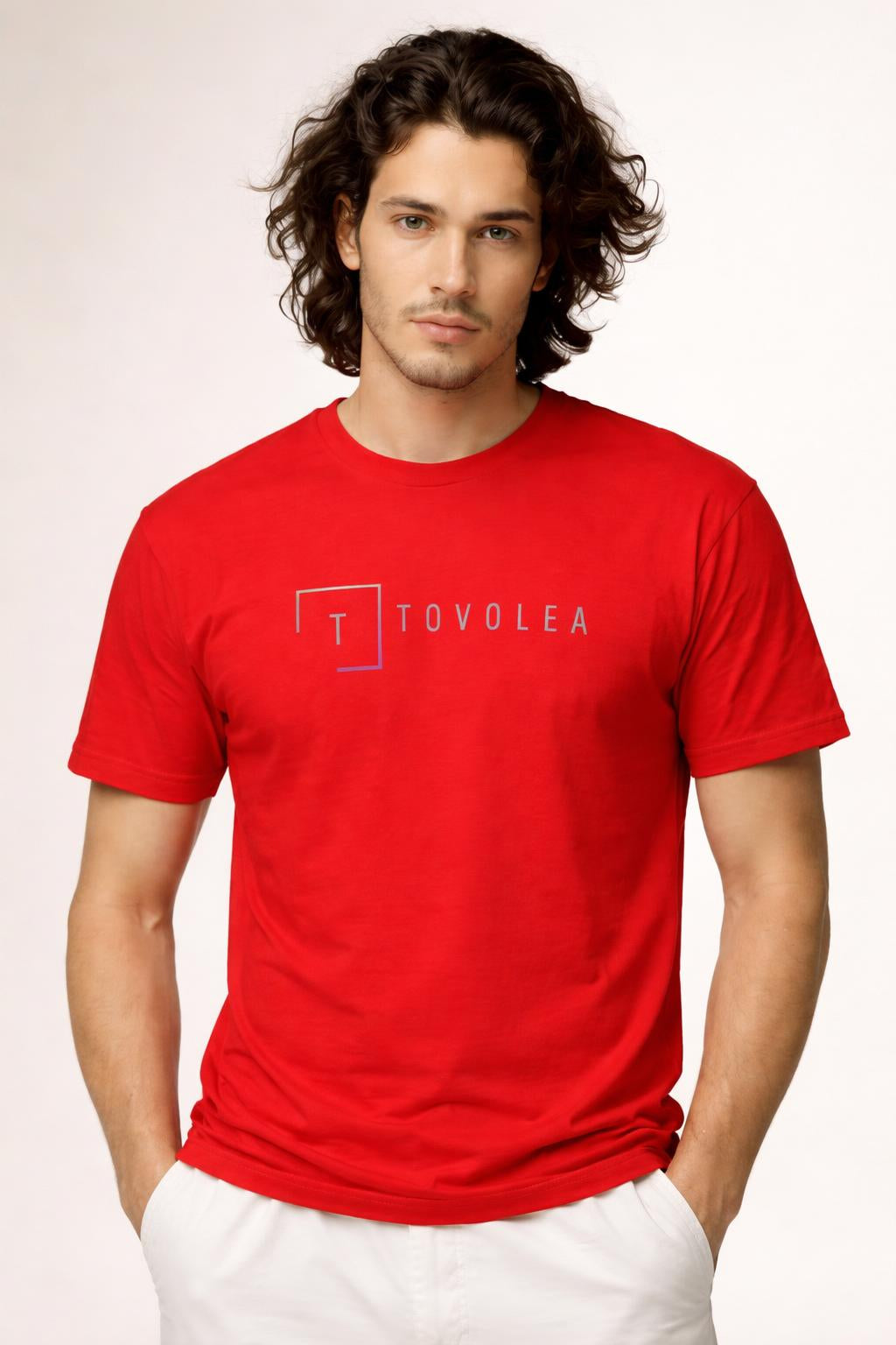 Close-up of the model wearing Tovolea Men’s Red Cotton Crewneck T-Shirt