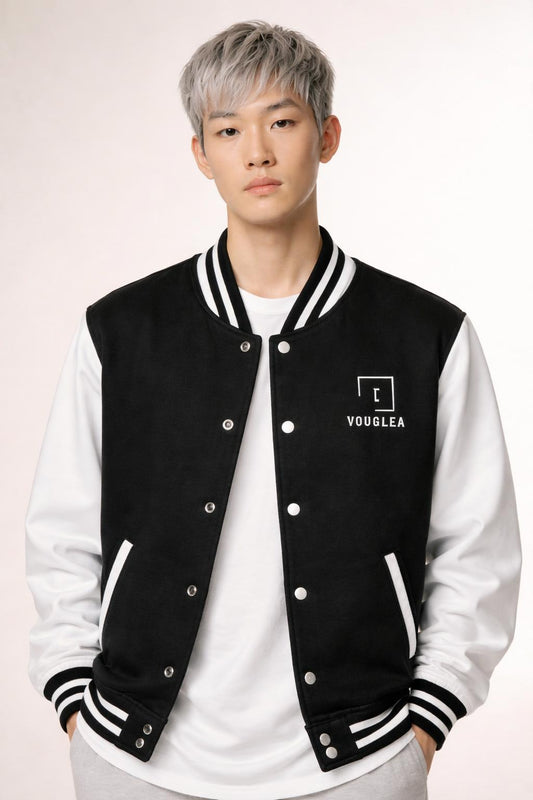 Close-up of the model wearing Tovolea Gents Classic Black & White Letterman Jacket