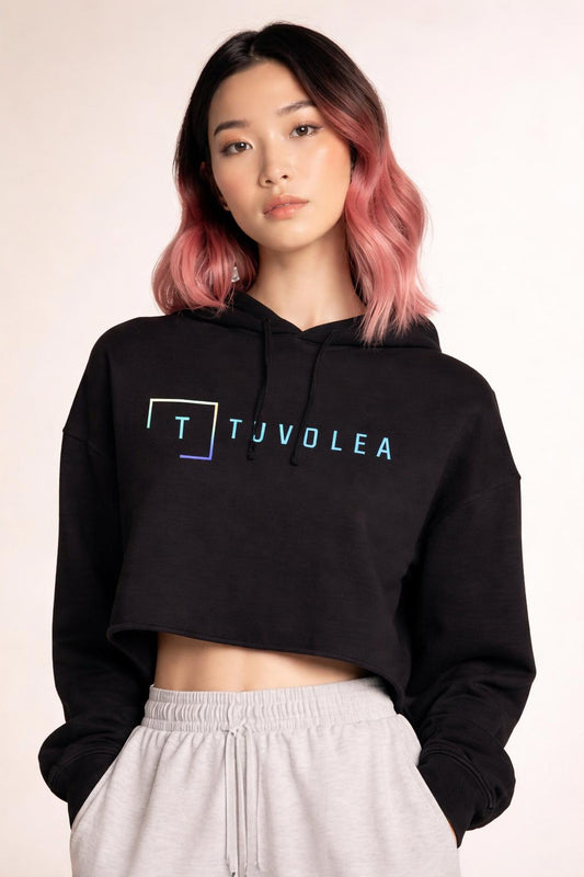 Close-up of the model wearing Tovolea Women’s Black Cropped Hooded Sweatshirt