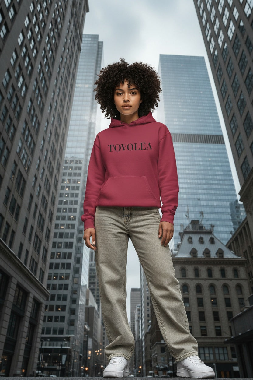 Full body view of the model wearing Tovolea Crimson Cozy Pullover