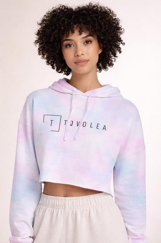 Close-up of the model wearing Tovolea Women’s Cotton Candy Cropped Hooded Sweatshirt